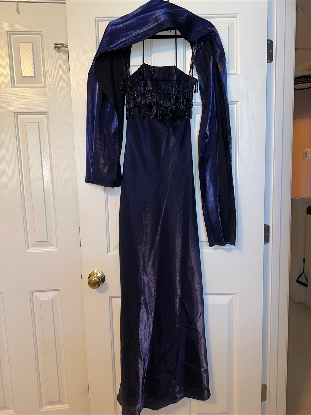 Blueish/Purple Beaded Strapless Evening Gown With Matching Shawl